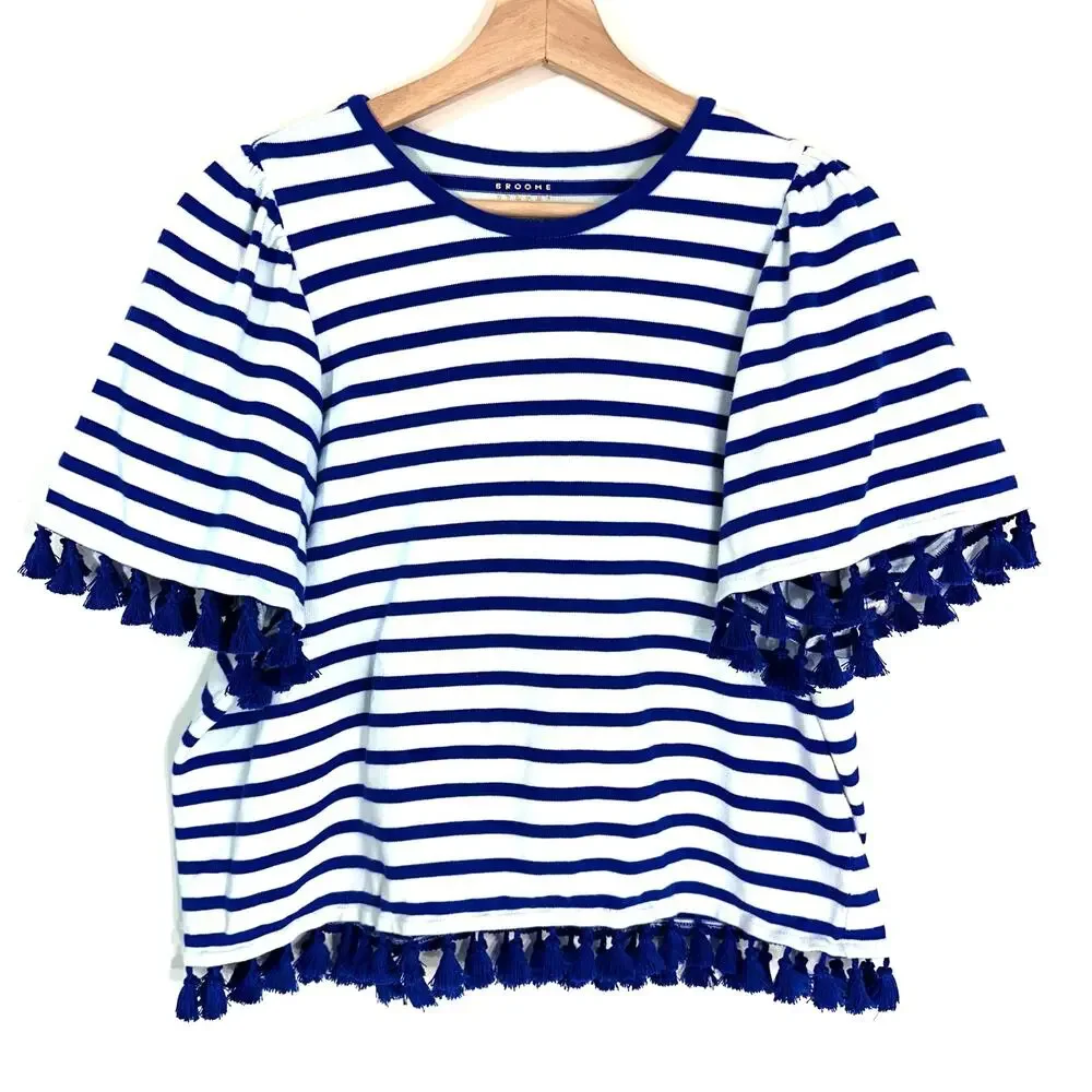 Kate Spade Broome Street Flutter Sleeve Top Tassels‎ Striped | Blue White | SZ L